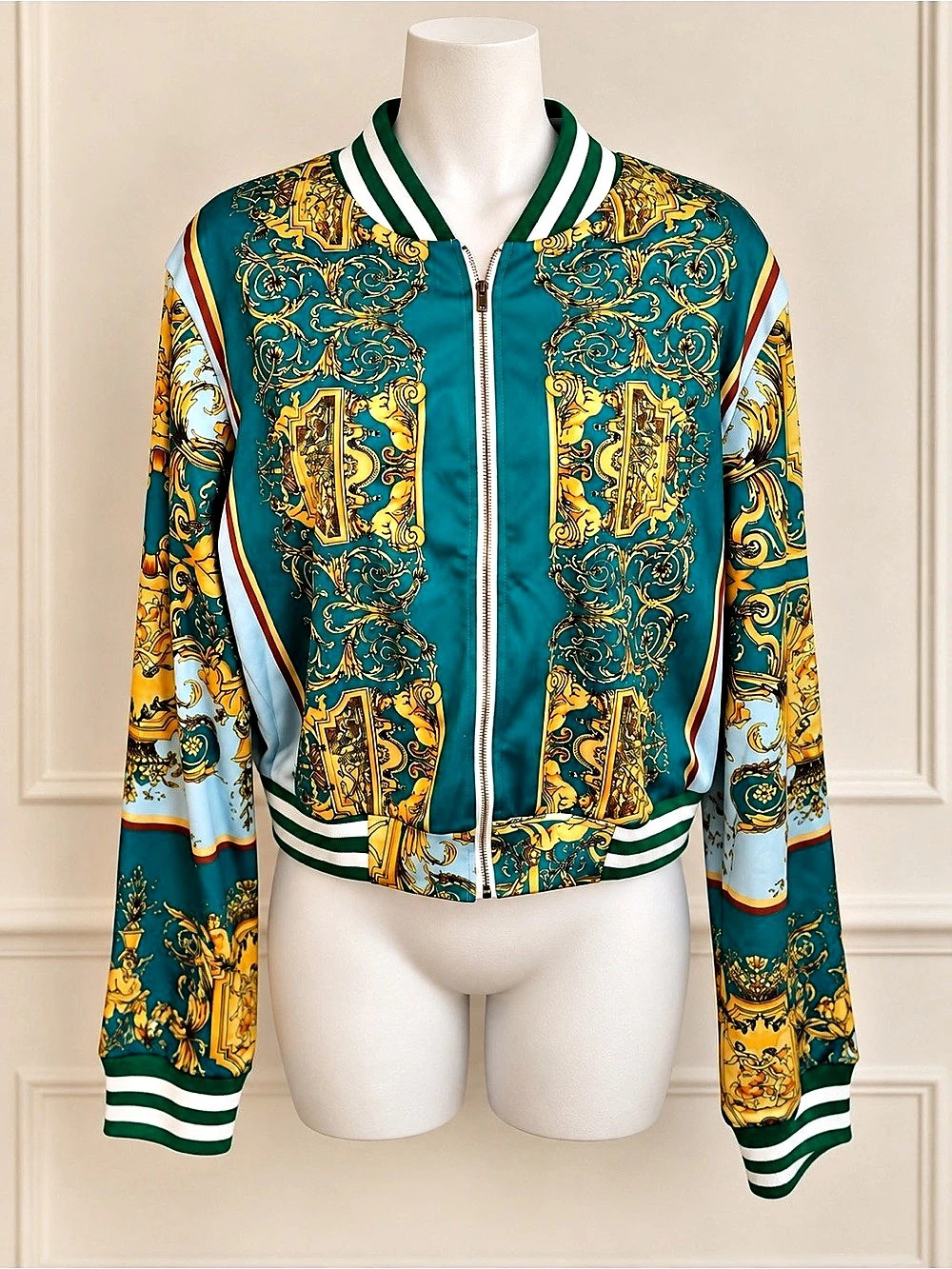 Teal & Gold Baroque Print Bomber Jacket XL Bold Scarf Print